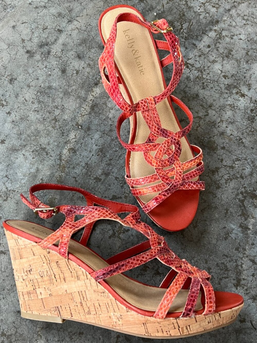 Kelly & Katie Tanya Coral Snake Print Boho Summer Cork Wedge Sandals Women's 8.5